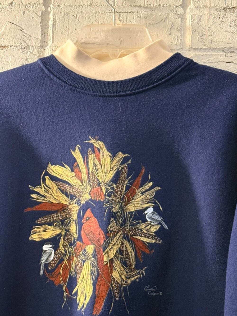 Vintage Endless Designs Cardinal Fall Sweatshirt Navy Blue Bird Corn 90s